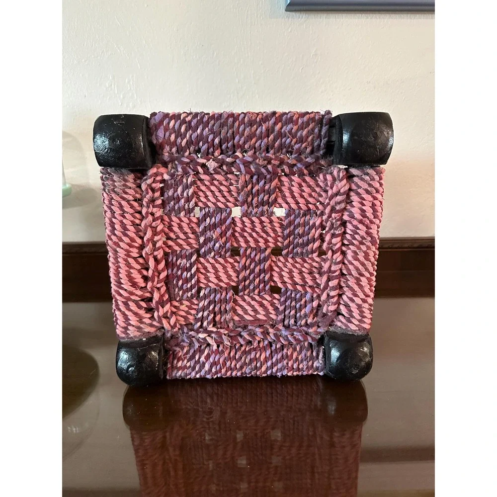 Vintage Pink and Purple Hand Woven Small Low Seat Stool